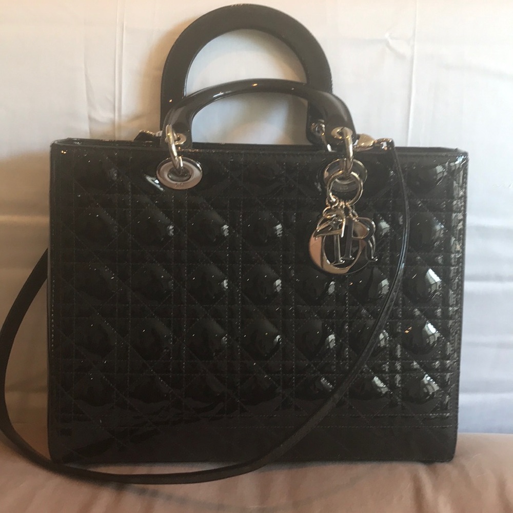 Christian Dior black patent quilted handbag